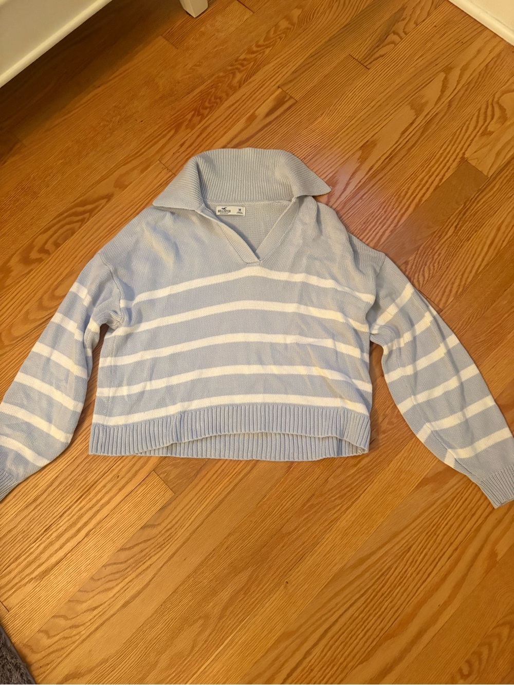 Hollister Light Blue & White Striped Women's Collared Sweater